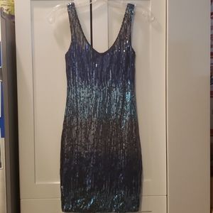 Teal Blue Sequin Dress V Neck